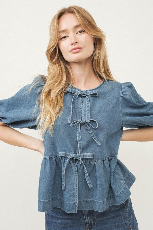 CROP TIE DENIM TOP