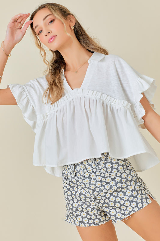 COLLARED KNIT POPLIN CROP