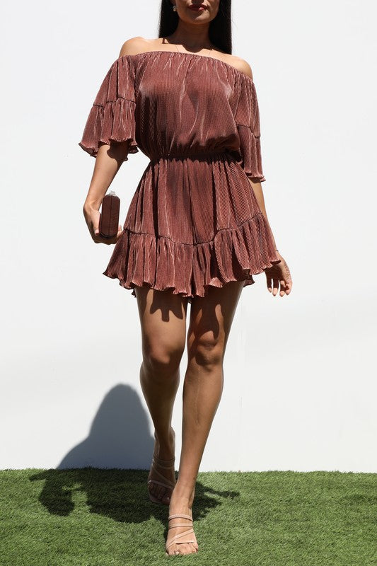 PLEATED OFF SHOULDER ROMPER