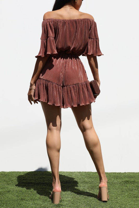 PLEATED OFF SHOULDER ROMPER