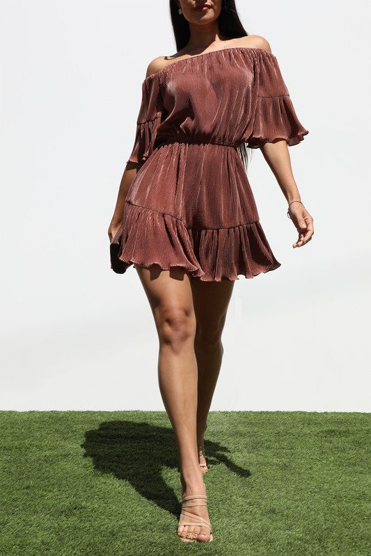 PLEATED OFF SHOULDER ROMPER