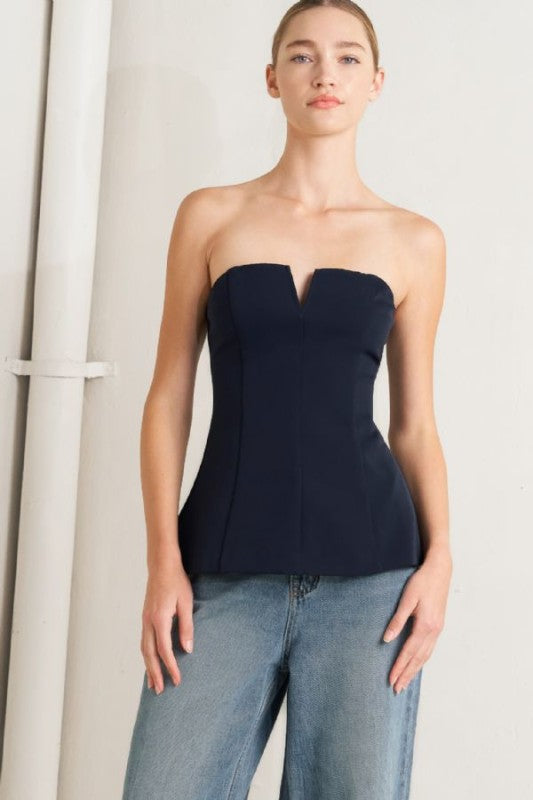 NAVY STRAPLESS PEPLUM TOP