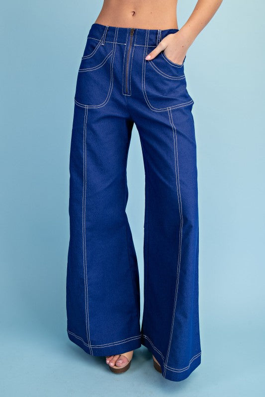 STITCHED WIDE LEG ZIPPER PANTS