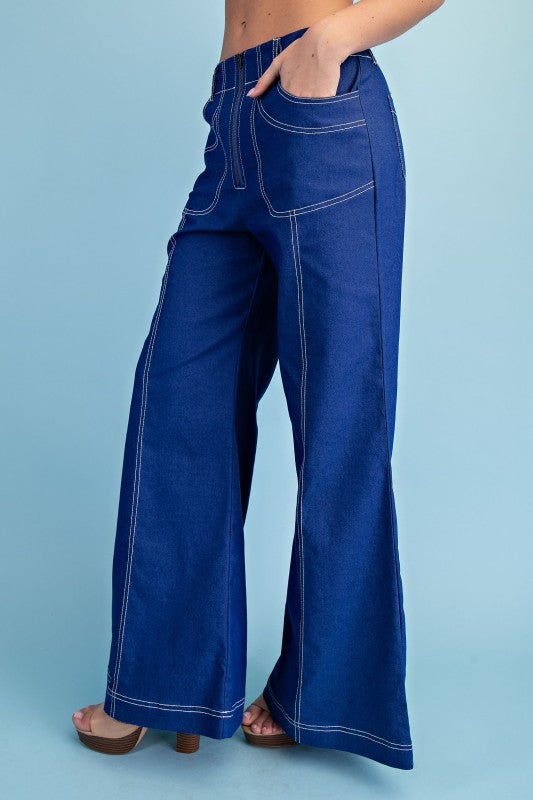 STITCHED WIDE LEG ZIPPER PANTS