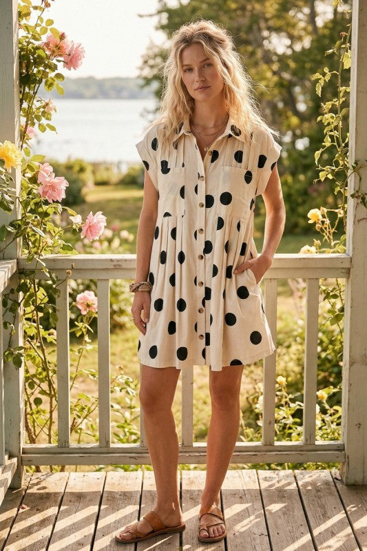 POLKA PLEATED MINI DRESS