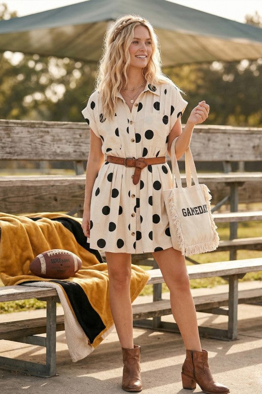 POLKA PLEATED MINI DRESS