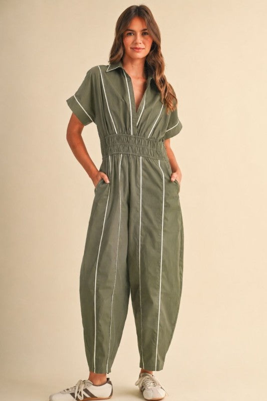 SMOKED WAIST BARREL JUMPSUIT