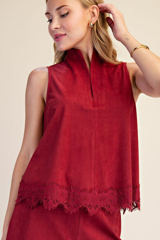 COLLAR SLIT LACE TRIM TOP