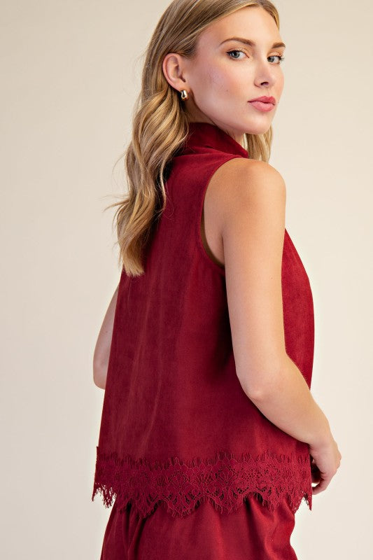 COLLAR SLIT LACE TRIM TOP