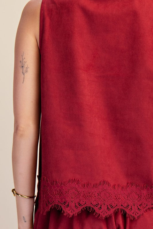 COLLAR SLIT LACE TRIM TOP