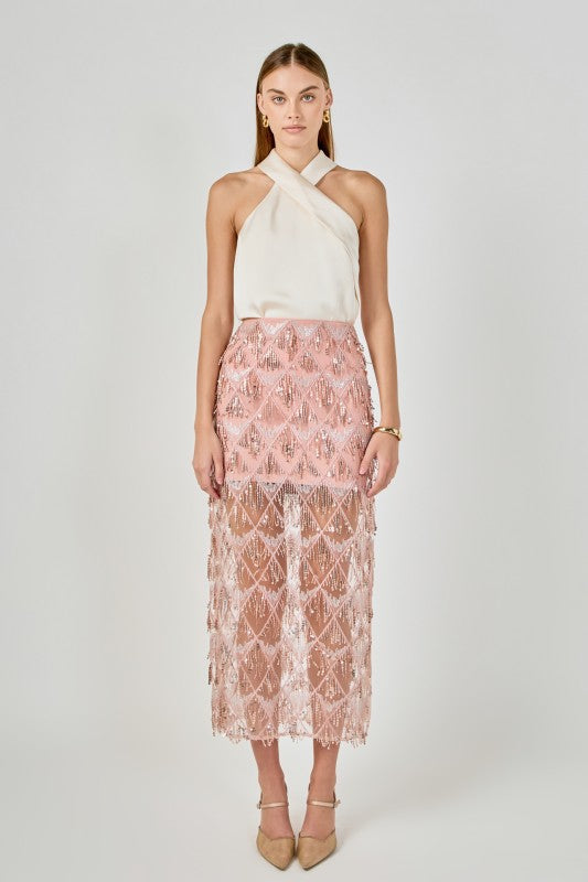 BEADED FRINGE SEQUIN SKIRT
